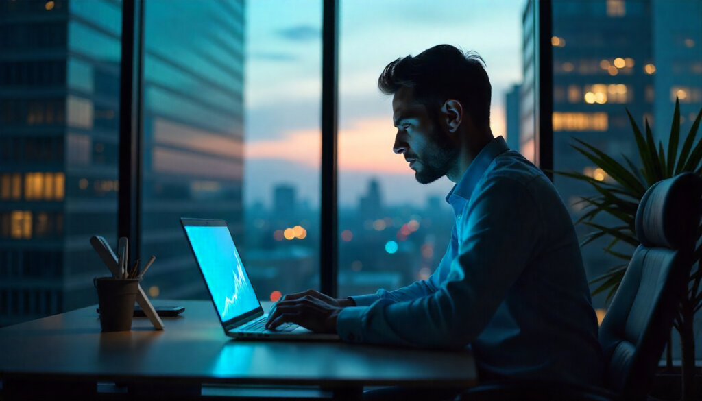 Paisagem urbana futurista vista de um escritório ao amanhecer, com um gráfico de crescimento em um laptop, simbolizando o futuro promissor da busca com AIO SEO.
