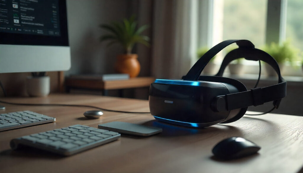 Espaço de trabalho futurista com laptop e headset VR, representando o futuro da busca multimodal e tecnologia em SEO.