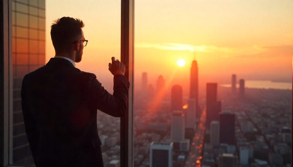 Profissional observando o amanhecer em uma cidade moderna, simbolizando a visão de futuro e a adaptação necessária para o AEO SEO.