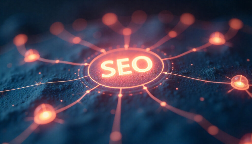 O futuro do SEO: uma visualização do Knowledge Graph e SEO de Entidade, mostrando conexões entre uma marca e seus ativos.