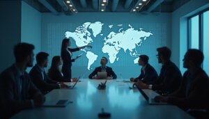 Equipe de estrategistas de marketing em uma sala futurista analisando um grafo de conhecimento holográfico, simbolizando a estratégia de GEO SEO.