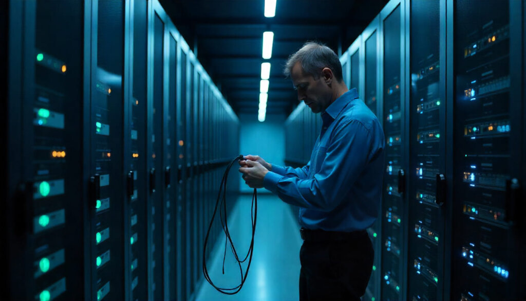 Especialista ajustando conexões em uma sala de servidores complexa, simbolizando o controle técnico da navegação facetada e URLs em e-commerce.