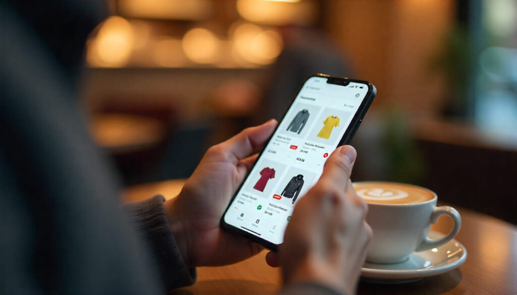 Pessoa utilizando smartphone em cafeteria visualizando vitrine de produtos no Google Shopping, destacando a relevância visual do Merchant Center.