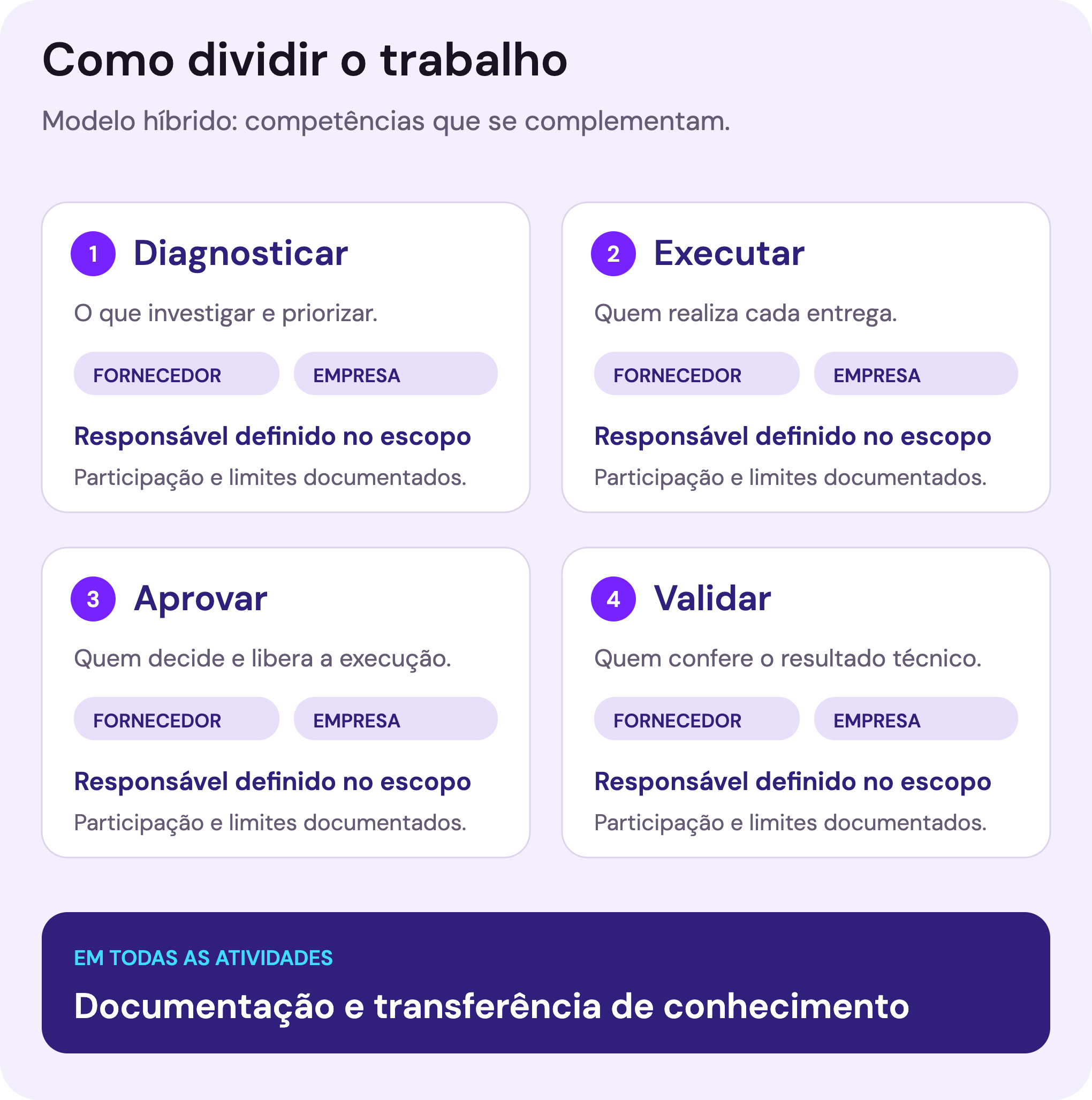 Diagrama das responsabilidades de diagnóstico, execução, aprovação e validação compartilhadas entre fornecedor e empresa.