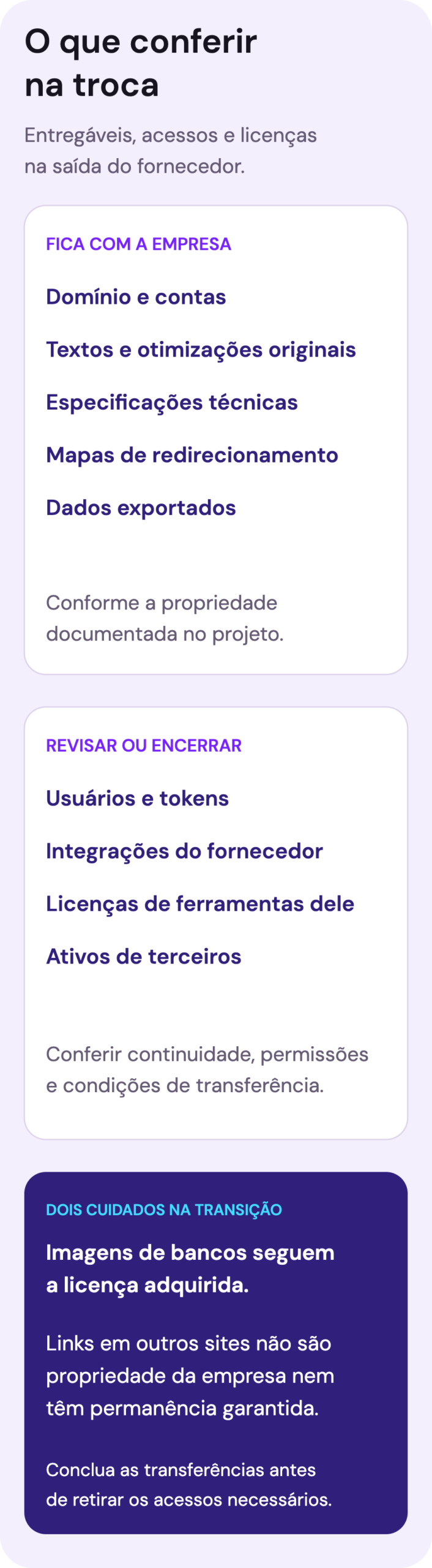 Duas colunas distinguindo entregáveis da empresa de acessos e licenças a revisar na saída do fornecedor.