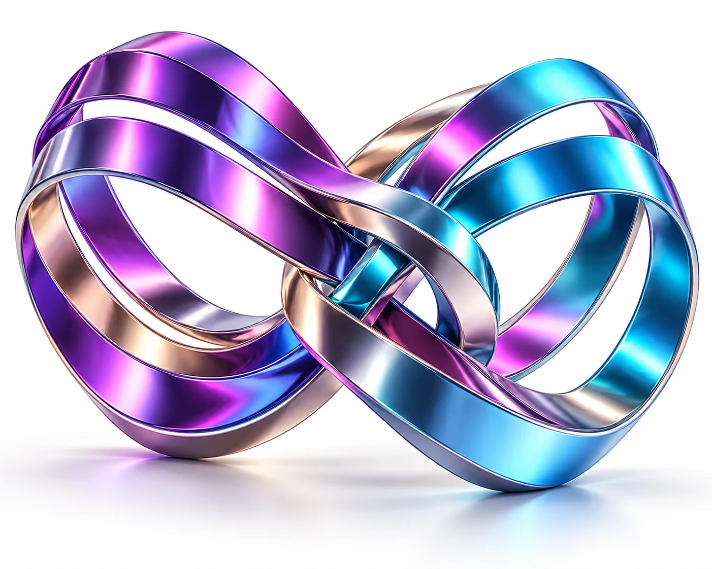Fitas metálicas tridimensionais entrelaçadas em violeta, magenta e ciano sobre fundo branco, representando a conexão entre estratégia, parceria e resultados.