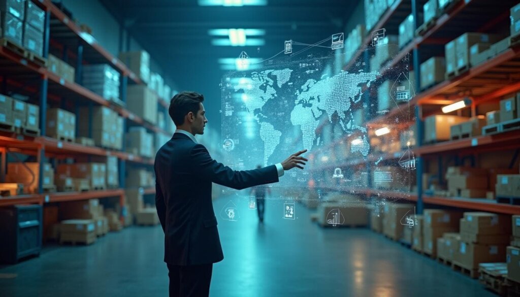 Executivo analisando dados de SEO e arquitetura de e-commerce em um ambiente tecnológico futurista, representando a união entre varejo e inteligência artificial.