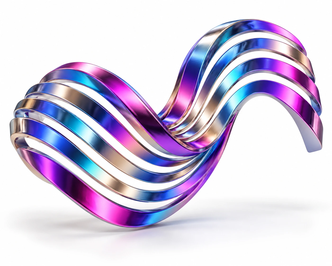 Escultura de faixas metálicas onduladas, com reflexos violeta, magenta, ciano e prateado sobre fundo claro.