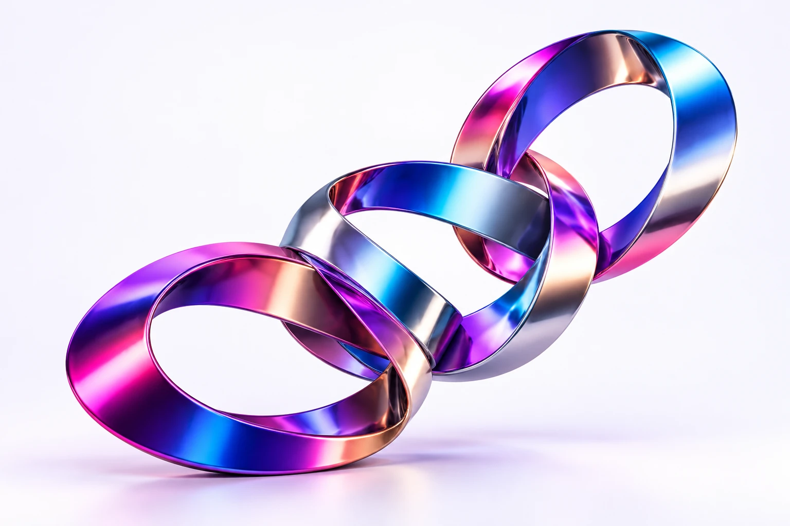 Três elos de fitas metálicas iridescentes, entrelaçados em diagonal, com reflexos magenta, violeta e ciano sobre fundo claro.