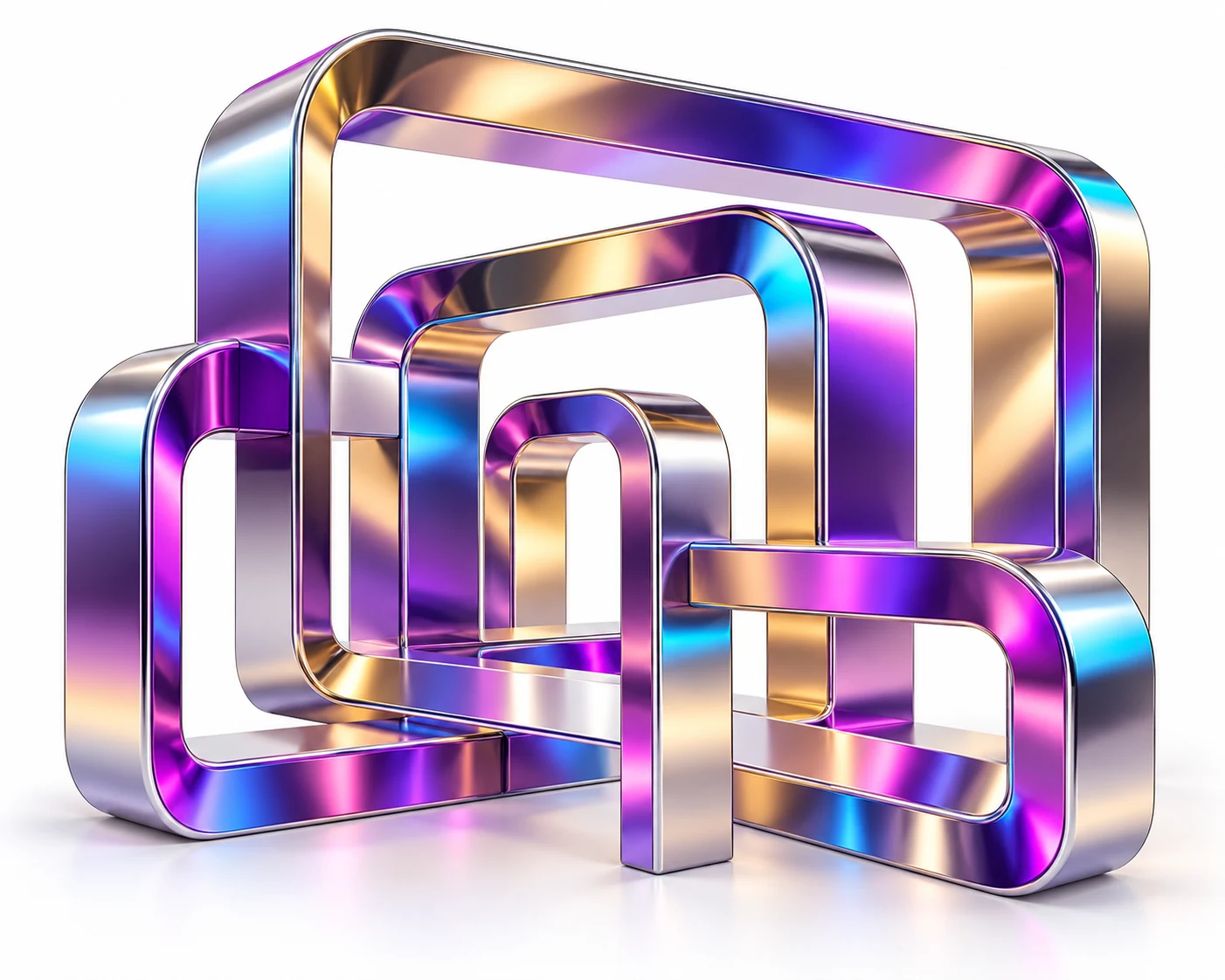 Estrutura metálica tridimensional interligada, com reflexos violeta, magenta e ciano, representando a base técnica de um site.