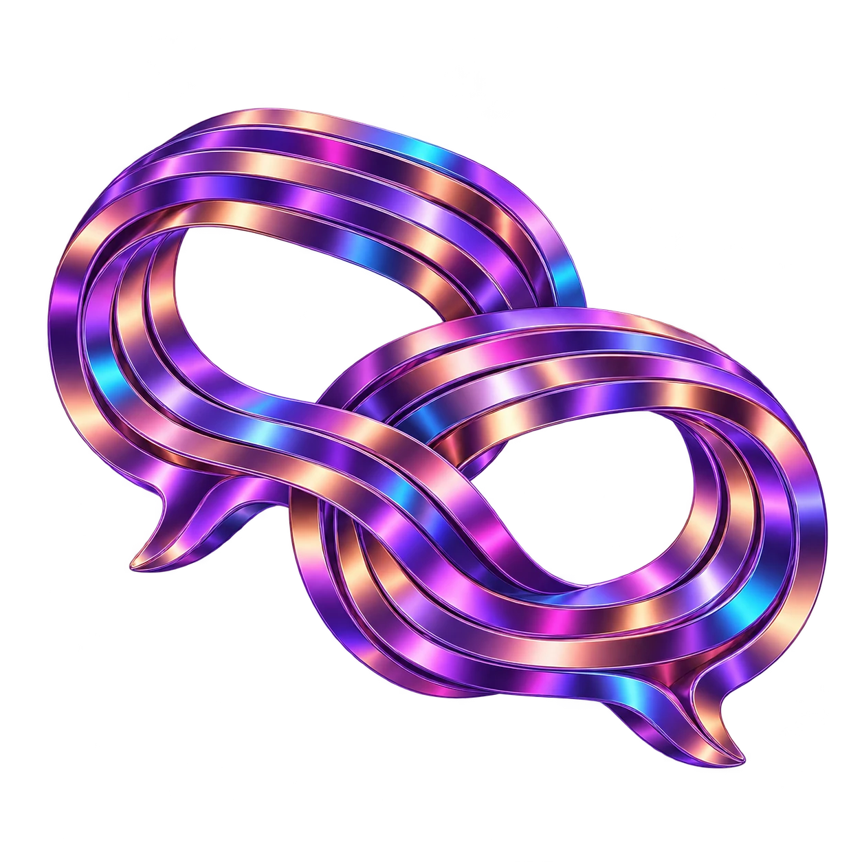 Escultura abstrata de fitas violetas entrelaçadas em dois balões de conversa.