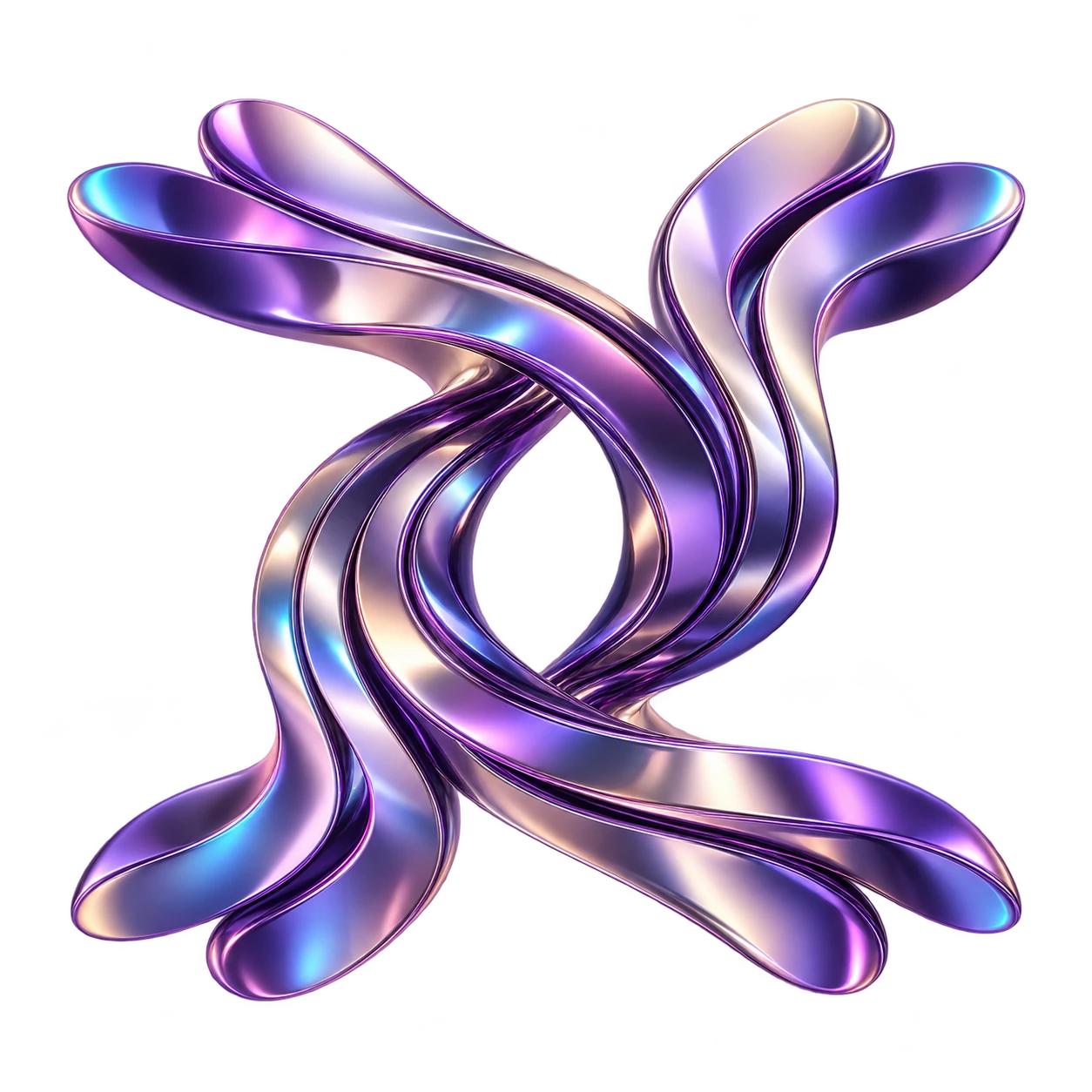 Escultura abstrata de fitas metálicas iridescentes que convergem em dois núcleos, representando a evolução do Gemini.