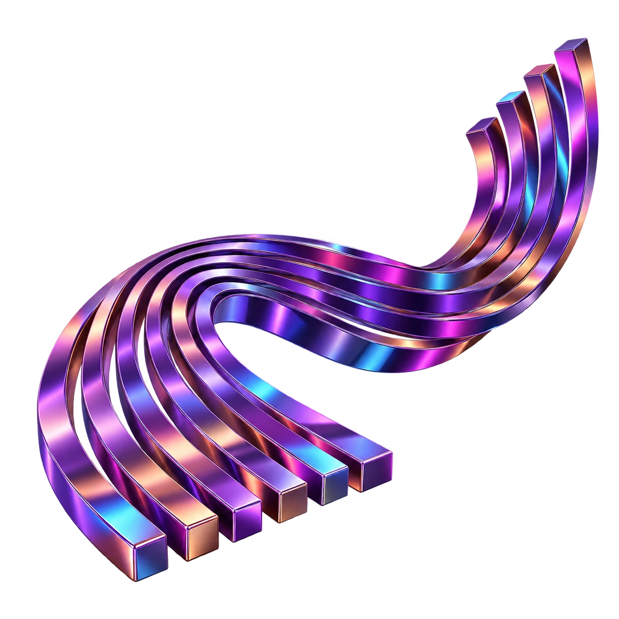 Escultura de lâminas metálicas iridescentes em curva ascendente, representando a evolução da busca.