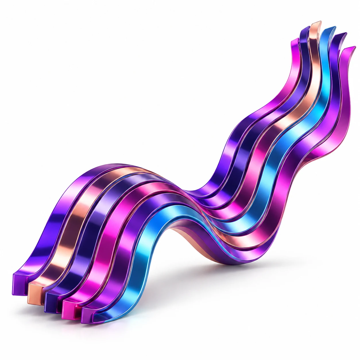 Faixas contínuas de metal iridescente formam um percurso ascendente, representando a evolução da busca e das IAs.