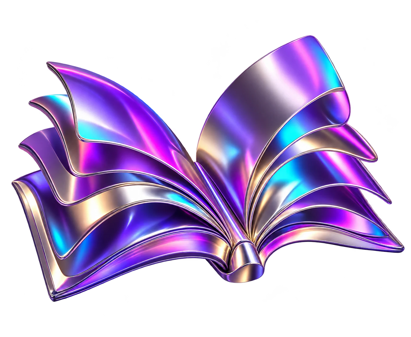 Livro aberto formado por lâminas metálicas com reflexos violeta, rosa e ciano.