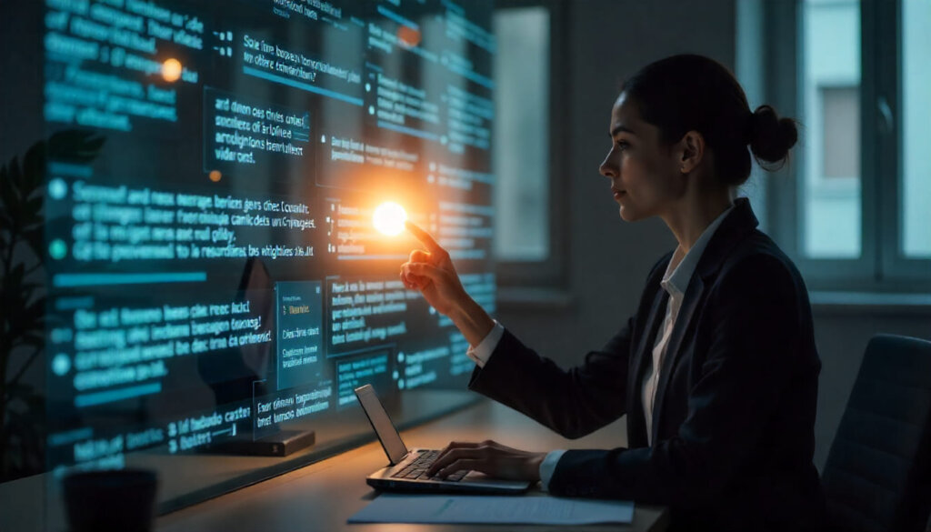 Foto conceitual de um profissional interagindo com uma tela de IA, que seleciona um bloco de conteúdo brilhante, representando a seleção de fonte pelo LLMO