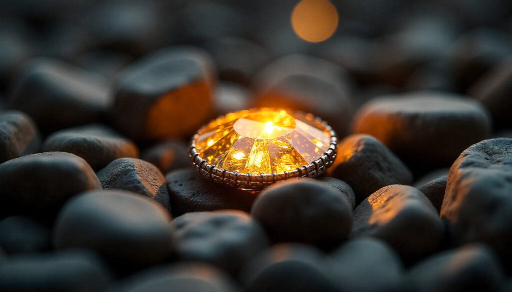 Conceito visual de uma gema brilhante entre pedras comuns, metaforizando o Ganho de Informação (Information Gain) em meio a conteúdo repetitivo.