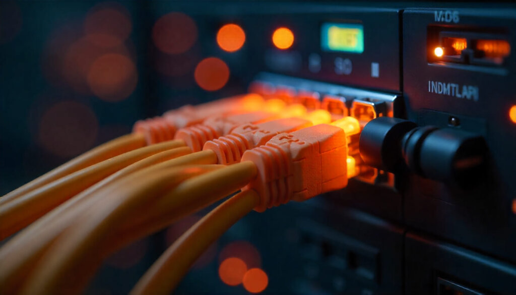 Conexões de fibra ótica brilhantes conectadas a um hub central, simbolizando a integração de sistemas de marketing e vendas.