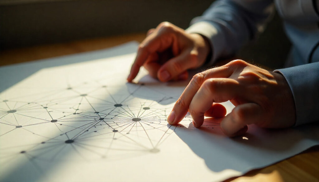 Mãos de um especialista conectando nós em uma estrutura complexa, simbolizando a construção de um Knowledge Graph e conexões de entidades semânticas.