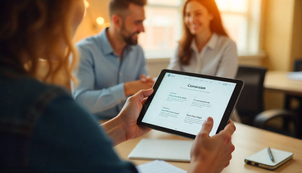 Pessoa segurando tablet com interface limpa, prestes a fechar negócio com um colega ao fundo, simbolizando conversão.