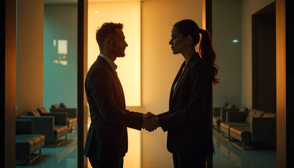 Executivos fechando parceria estratégica de negócios, simbolizando link building de alta qualidade e Digital PR.
