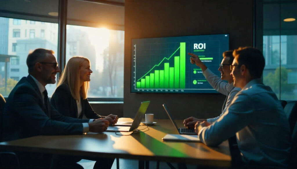 Equipe corporativa celebrando resultados positivos de ROI apontando para gráficos de crescimento em uma sala de reuniões.