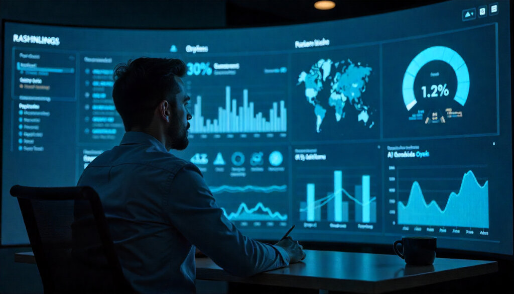 Analista de SEO monitorando novas métricas como Share of Generative Voice em um dashboard, refletindo a nova forma de medir o sucesso do SEO para IA.
