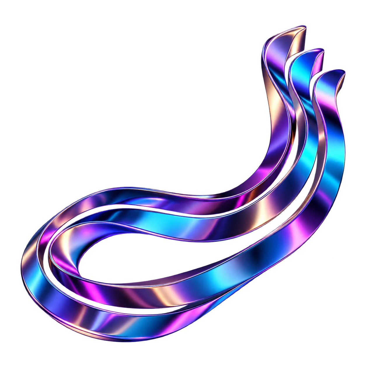 Escultura de fitas metálicas iridescentes conectadas, com reflexos violetas, rosas e azuis.