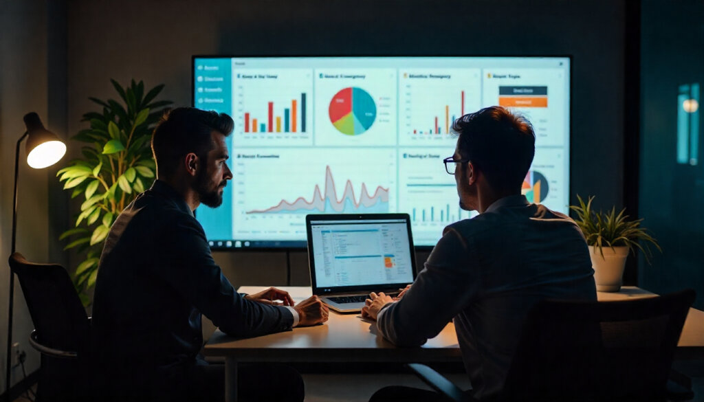Equipe de marketing analisando um dashboard com novas métricas de AIO SEO, como visibilidade em SGE e taxa de citação, para mensurar o ROI.