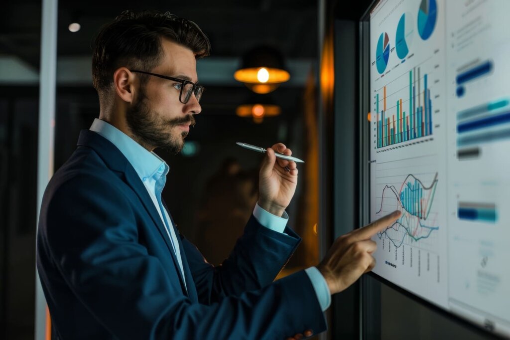 Analista de dados olhando um painel com a nova métrica 'Share of Citation' para LLMO SEO, em vez de rankings de palavras-chave tradicionais