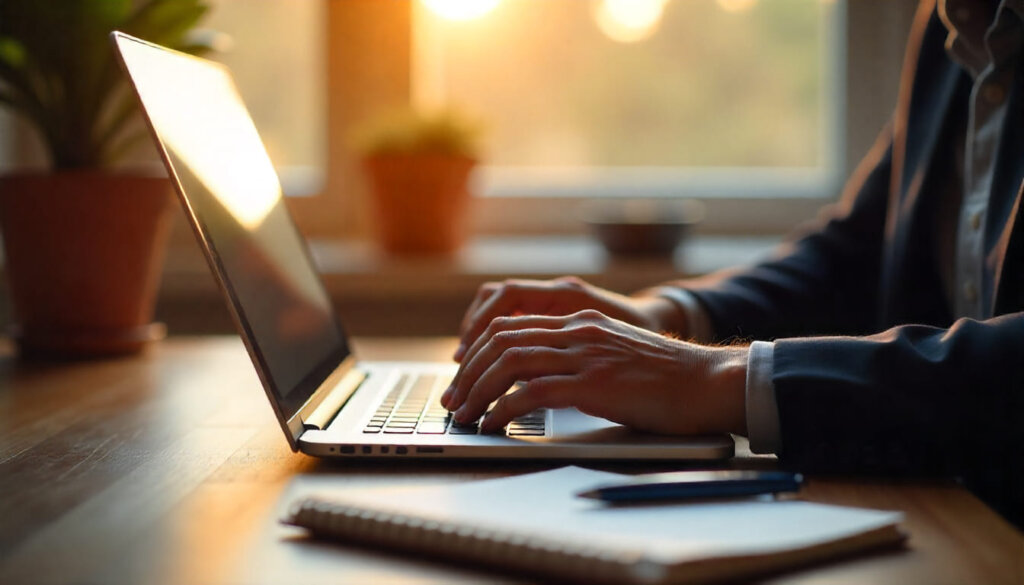 Profissional focado trabalhando em estratégia de negócios em um laptop moderno em ambiente corporativo. 
