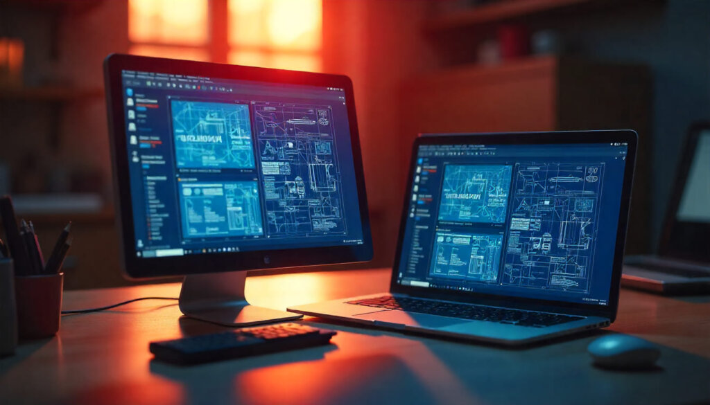 Duas plantas digitais (desktop e mobile) perfeitamente alinhadas, simbolizando a paridade técnica e de conteúdo essencial para o Mobile-First Indexing.
