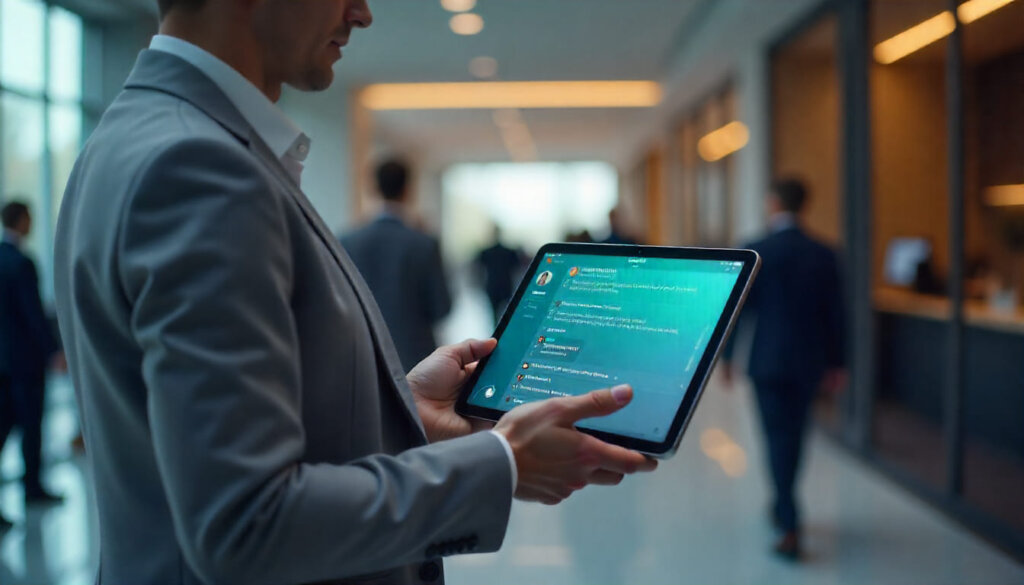 Profissional visualizando respostas estruturadas de inteligência artificial em um tablet, ilustrando a otimização para LLMs.
