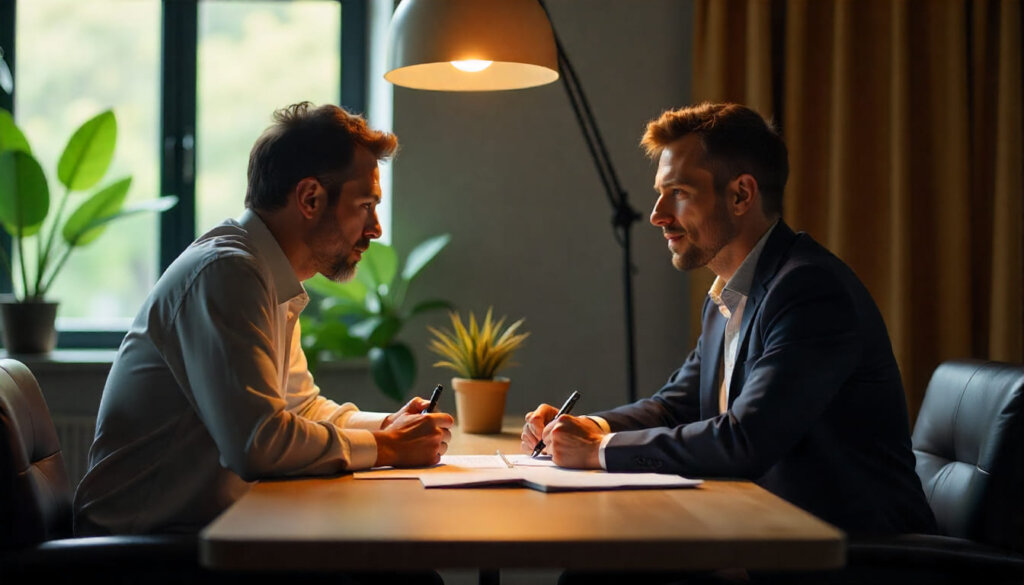Consultor ouvindo cliente em reunião de negócios, representando o esclarecimento de dúvidas comuns sobre SEO B2B.
