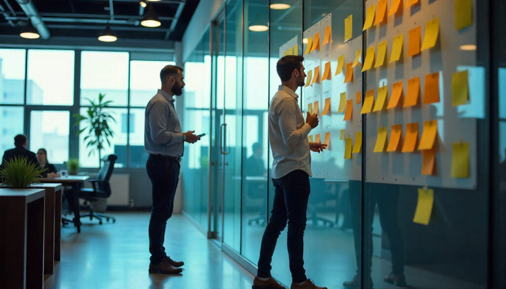 Equipe de marketing e vendas colaborando em estratégia de conteúdo baseada nas dores do cliente B2B.
