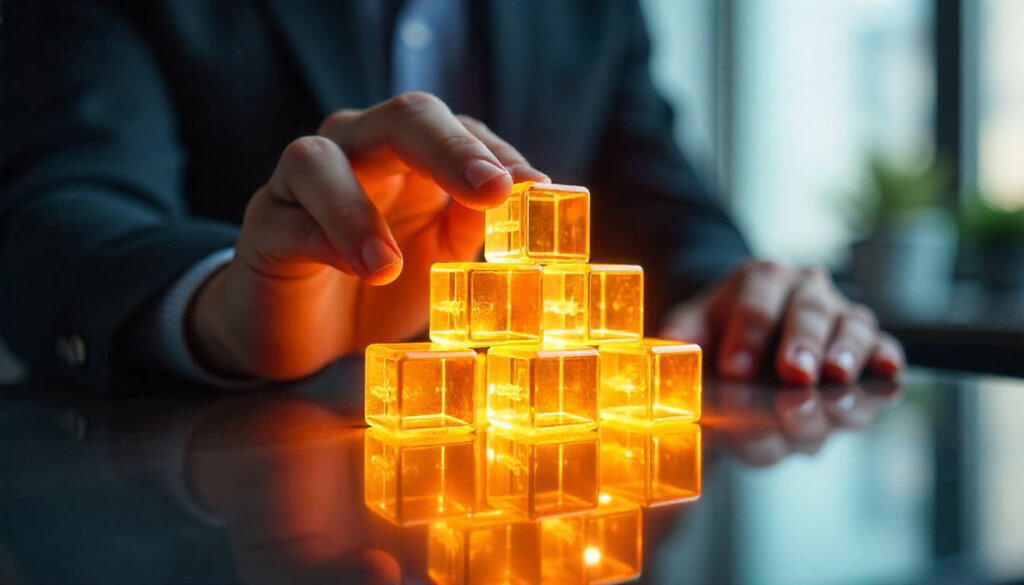 Mão organizando blocos estruturais em formato de pirâmide, simbolizando a hierarquia e os pilares técnicos de uma estratégia de SEO sólida.