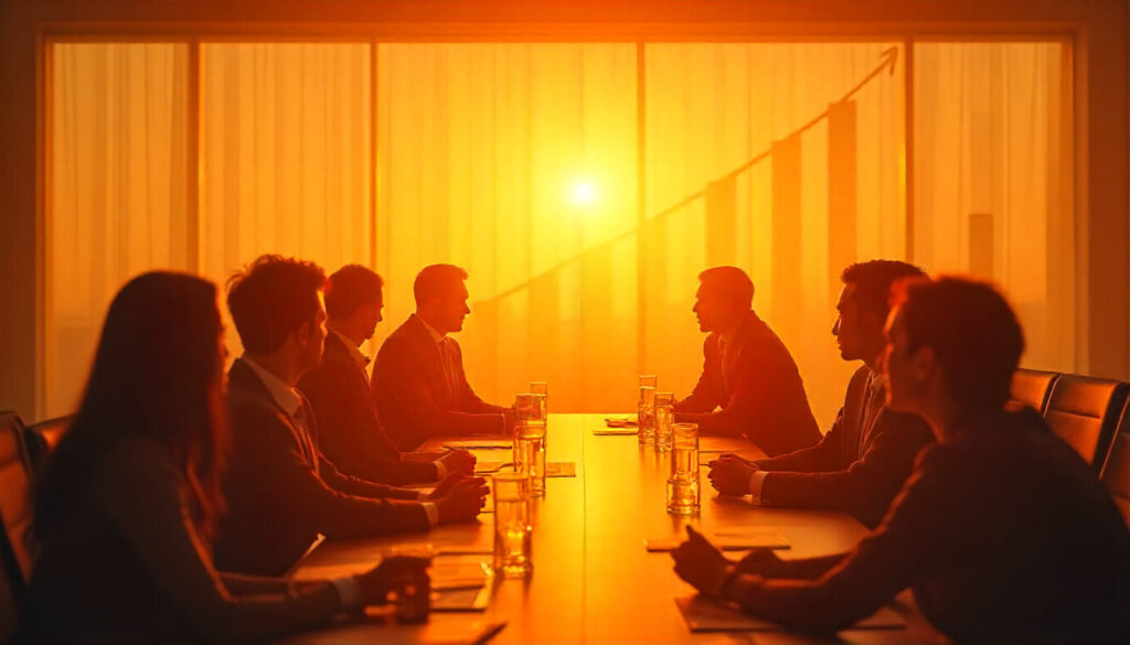 Reunião estratégica de SEO: Executivos analisando crescimento de receita, reforçando a abordagem 'Business First'