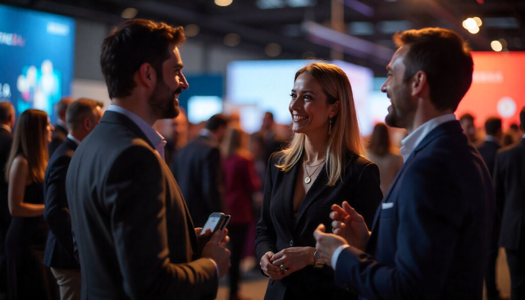 Profissional de PR conversando com um jornalista em um evento, simbolizando o uso de Relações Públicas Digitais para construir autoridade de marca para AIO SEO.
