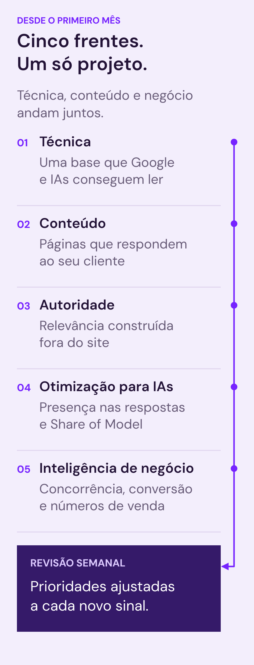 Cinco frentes atuam em paralelo desde o mês 1: técnica, conteúdo, autoridade, Otimização para IAs e inteligência de negócio. O projeto é revisto toda semana, e as prioridades são ajustadas quando surge uma oportunidade ou risco.