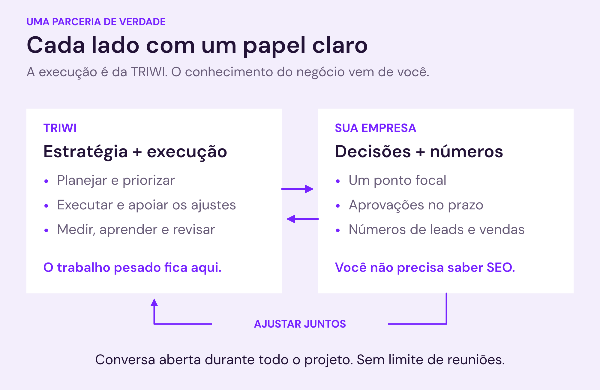 Circuito de colaboração: a TRIWI cuida da estratégia, da execução, da implementação apoiada e da medição. A empresa participa com um ponto focal, aprovações no prazo e números de venda. Dados e decisões voltam para a revisão contínua do projeto.