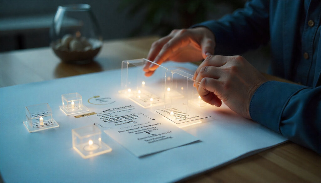 Profissional organizando blocos de dados transparentes em uma mesa, uma metáfora visual para o processo de RAG (Retrieval-Augmented Generation) no AIO SEO.
