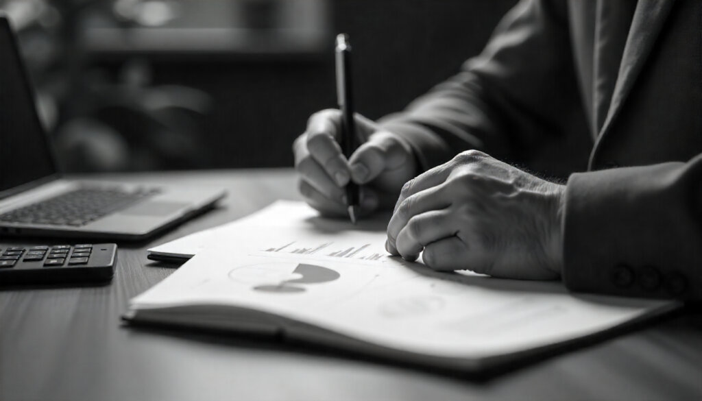 Mãos de um especialista escrevendo em um caderno ao lado de um tablet com dados, representando a criação de conteúdo profundo e de alta qualidade para AIO SEO.
