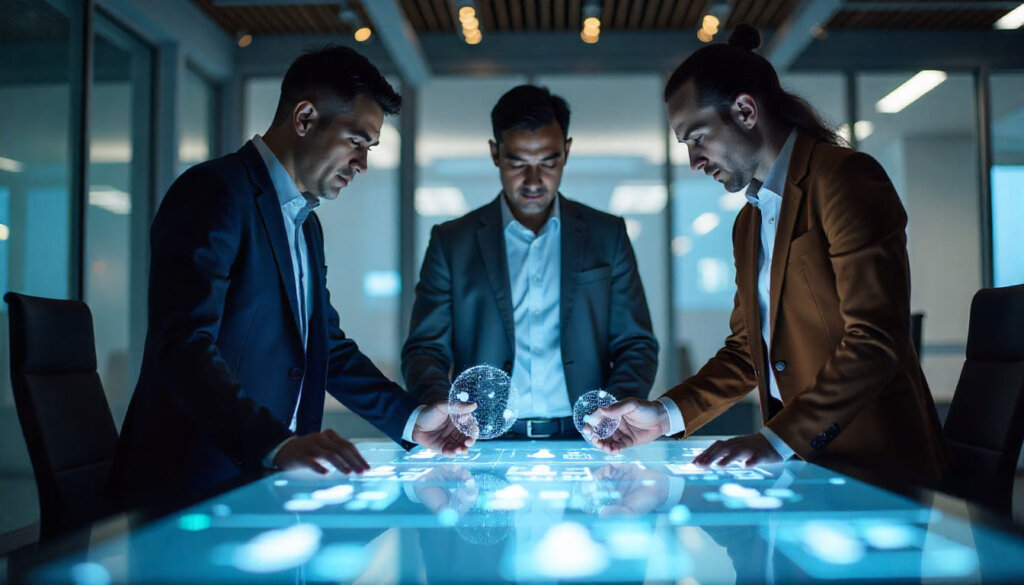 Equipe de marketing e vendas analisando e selecionando perfis de clientes ideais em uma mesa digital estratégica.