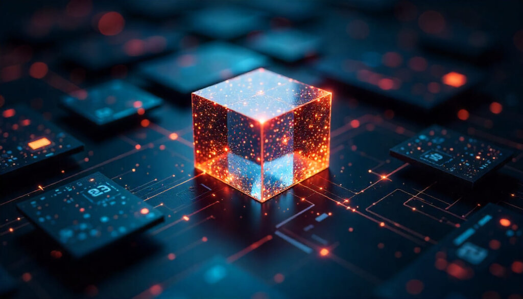 Conceito visual do RAG, mostrando um núcleo de IA recuperando informações de computadores externos através de feixes de luz (busca vetorial)