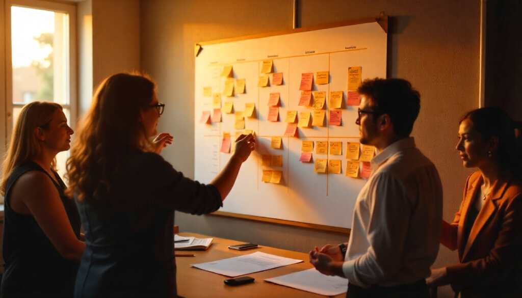 Equipe de marketing colaborando em um quadro branco para planejar o roadmap de implementação do AIO SEO em sua organização.