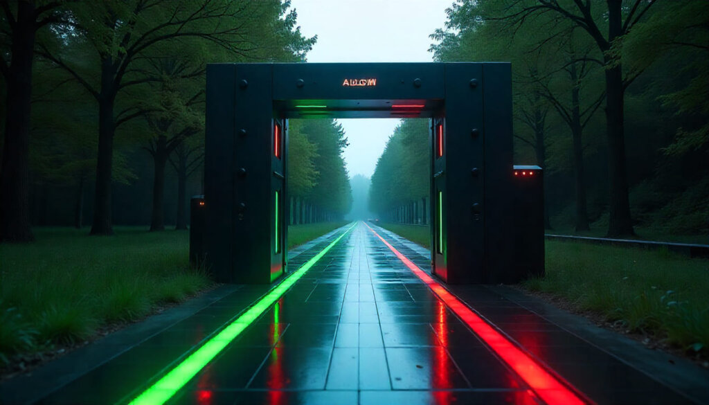  Imagem conceitual de um portão robótico com linhas 'ALLOW' e 'DISALLOW', representando as diretrizes de rastreamento do arquivo Robots.txt.