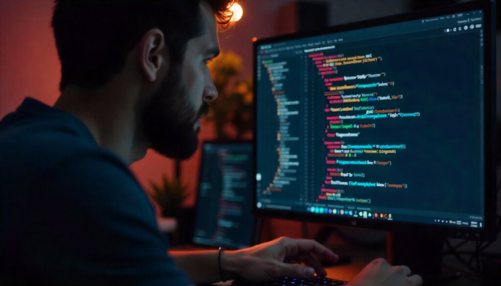 Desenvolvedor analisando um código de Schema Markup em um monitor, focando na importância dos dados estruturados para o AIO SEO.