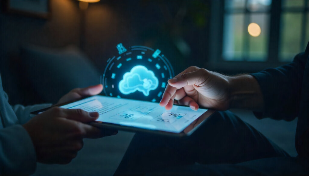 Um usuário interagindo com a Search Generative Experience (SGE) em um tablet, mostrando como o AI Overview domina o topo dos resultados de busca.
