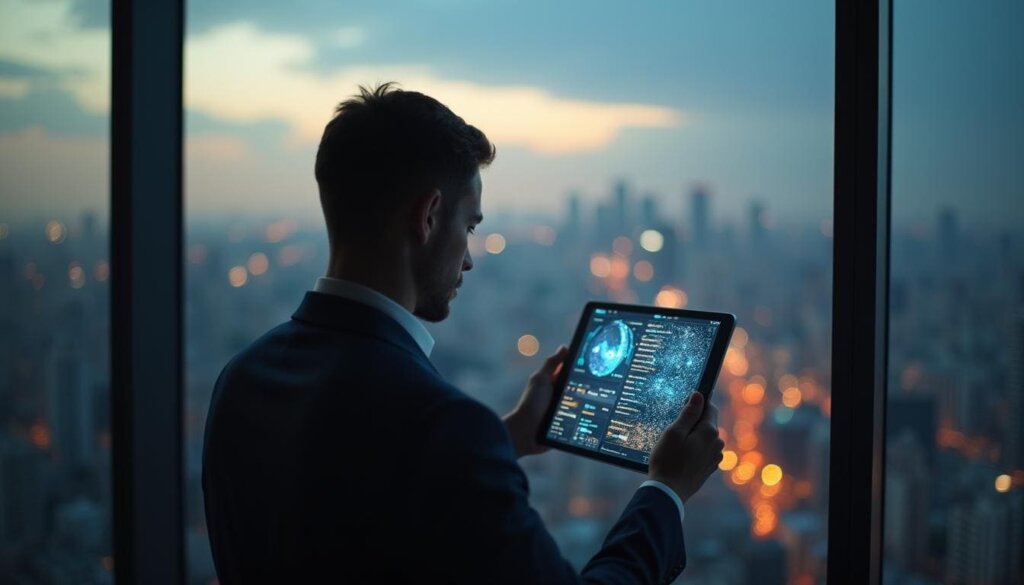 Profissional sênior analisando dados estratégicos de SEO B2B em um escritório corporativo moderno com vista para a cidade.