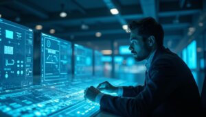 Profissional de marketing digital analisando dados de SEO e Inteligência Artificial em um escritório futurista de alta tecnologia.